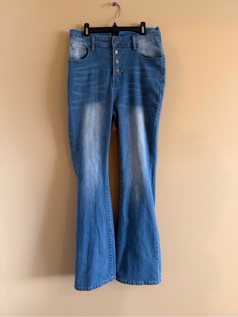 Medium Blue High-Waist Flare Jeans with Button Fly
